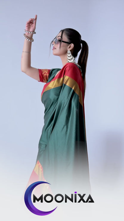 Bottle Green & Red Hathi Design (Elephant) Cotton Silk Saree