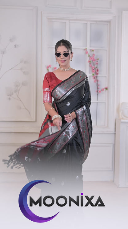 Black Self With Silver Zari Peacock Design Cotton Silk Saree with Running Blouse Piece – Premium Ethnic Wear | Moonixa