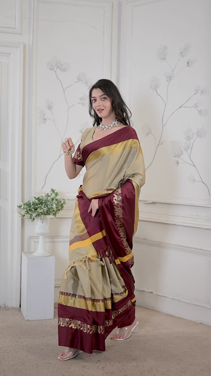 Beige & Brown Hathi Design (Elephant) Cotton Silk Saree