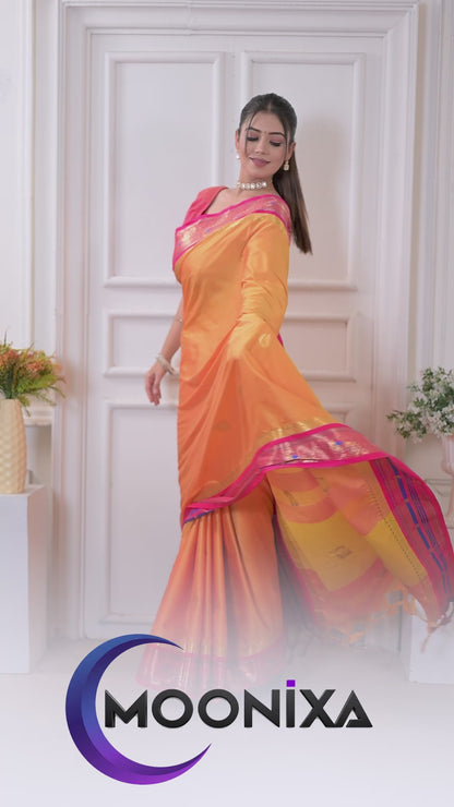 Gold & Rani Peacock Design Cotton Silk Saree with Running Blouse Piece – Premium Ethnic Wear | Moonixa