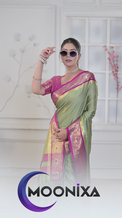 Pista & Rani Peacock Design Cotton Silk Saree with Running Blouse Piece – Premium Ethnic Wear | Moonixa