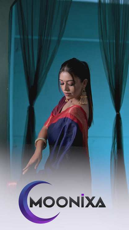 Navy Blue & Red Paithani Cotton Silk Saree