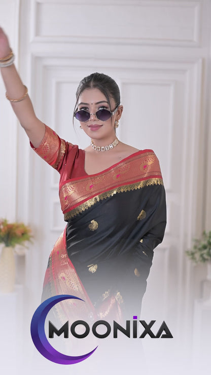 Black & Red Peacock Design Cotton Silk Saree with Running Blouse Piece – Premium Ethnic Wear | Moonixa