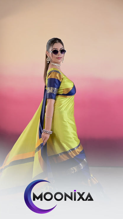 Lemon Yellow & Navy Blue Hathi Design (Elephant) Cotton Silk Saree