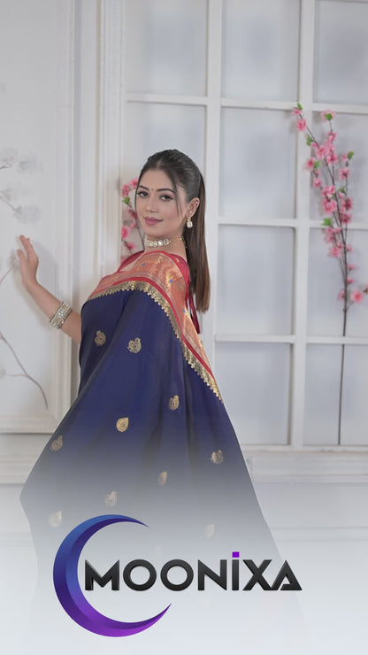 Navy Blue & Red Peacock Design Cotton Silk Saree with Running Blouse Piece – Premium Ethnic Wear | Moonixa