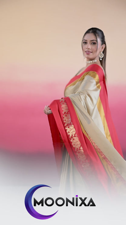 Beige & Red Hathi Design (Elephant) Cotton Silk Saree